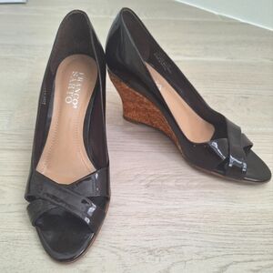 Franco Sarto Women's Dark Brown Open Toe Patent Leather Woven Wedges - Size 7